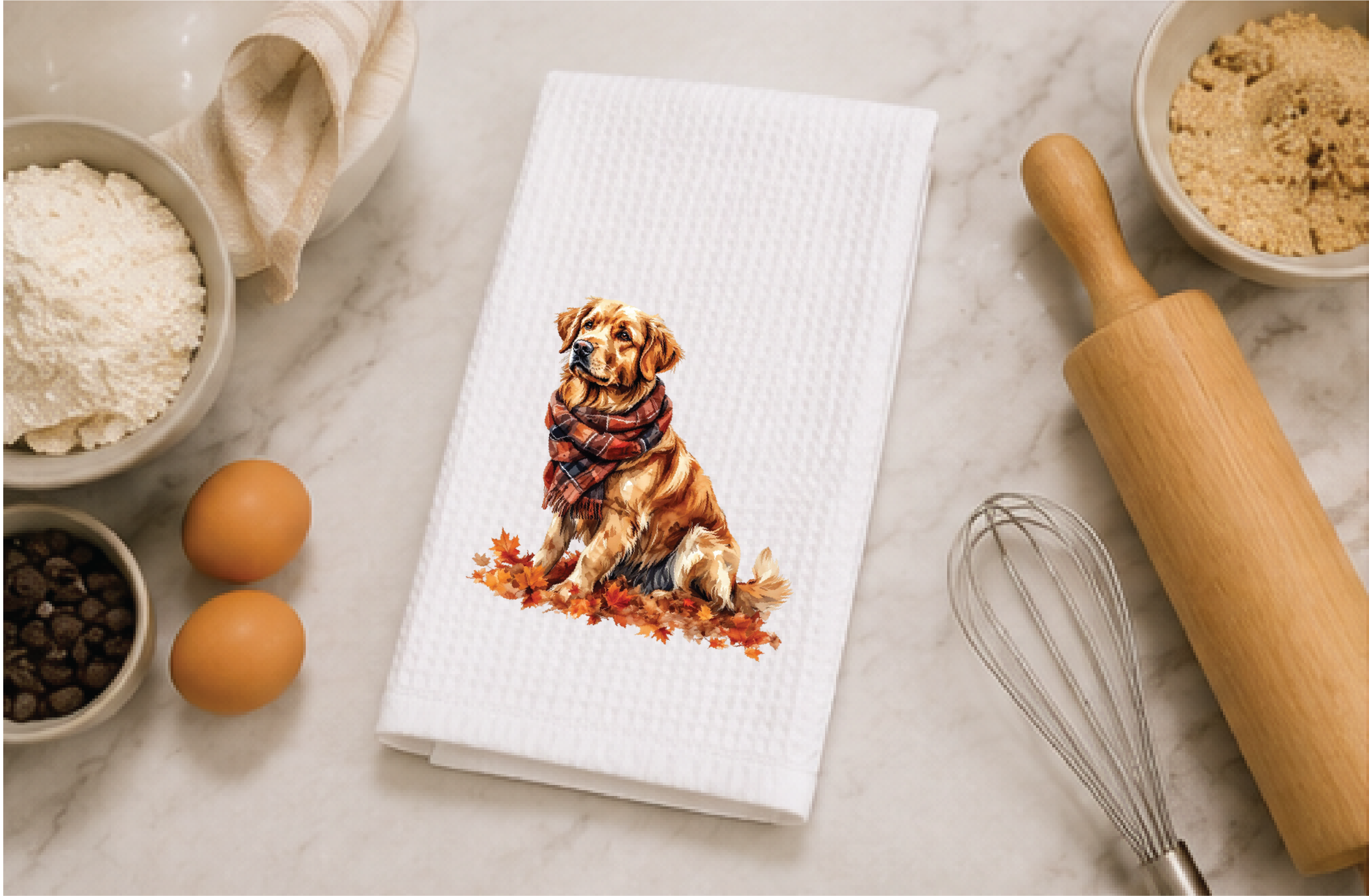Golden Retriever in Fall Leaves Dish Towel